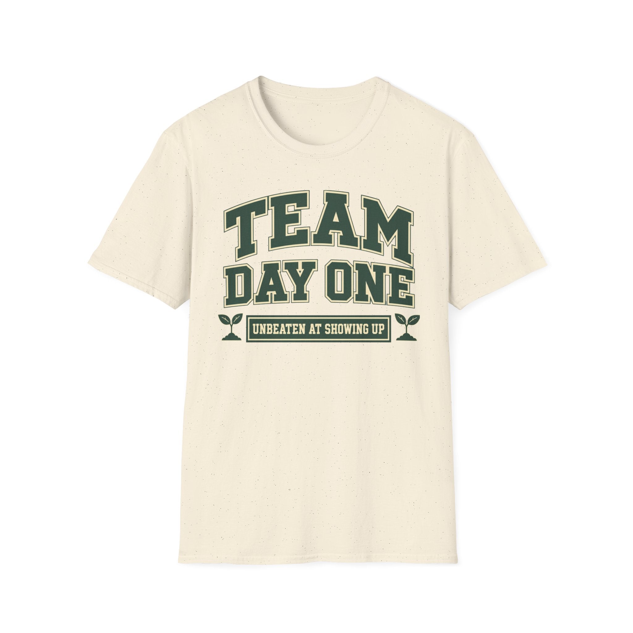 Team Day One T-Shirt – Vintage-Grün Varsity Lettering, Treue & Teamgeist