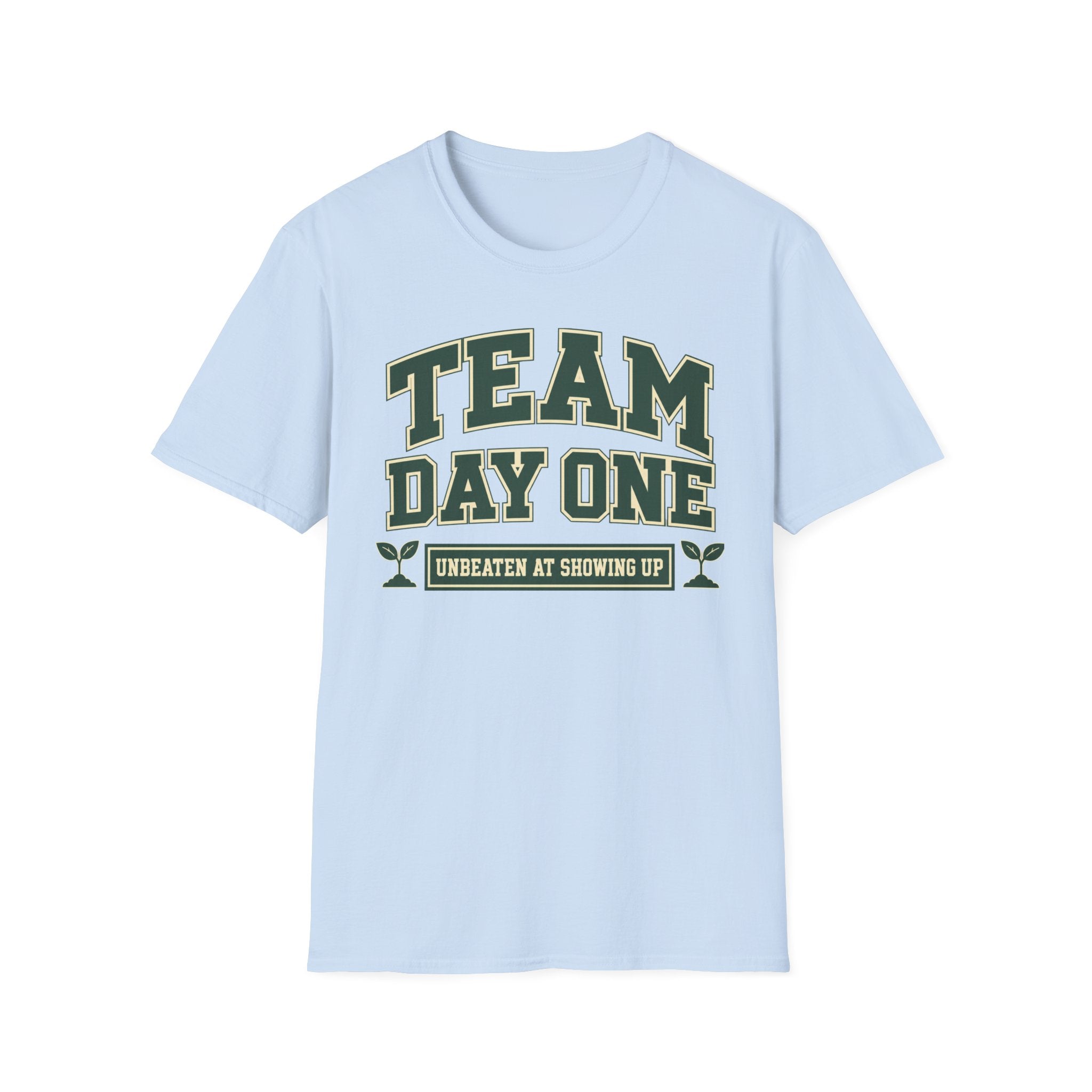 Team Day One T-Shirt – Vintage-Grün Varsity Lettering, Treue & Teamgeist
