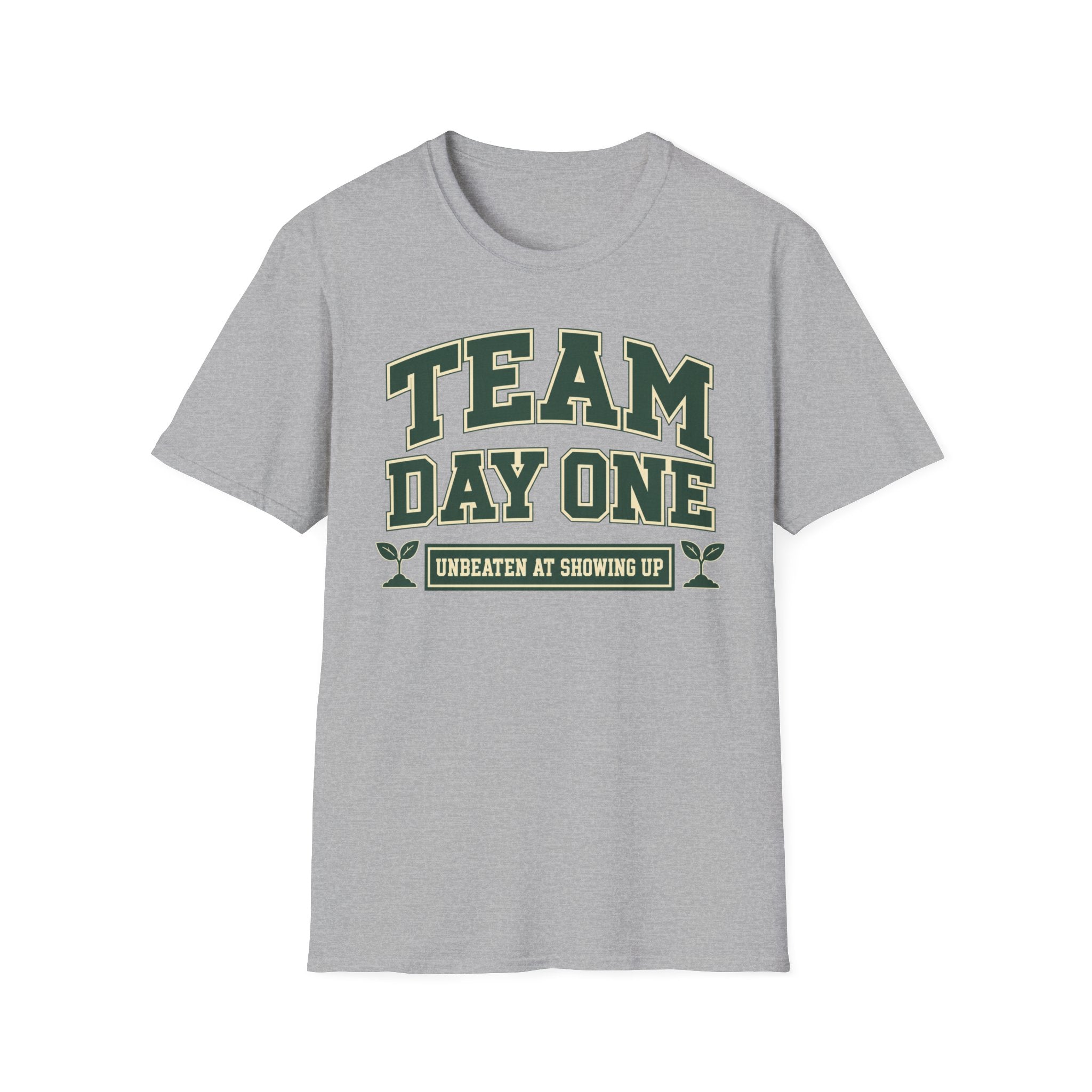Team Day One T-Shirt – Vintage-Grün Varsity Lettering, Treue & Teamgeist